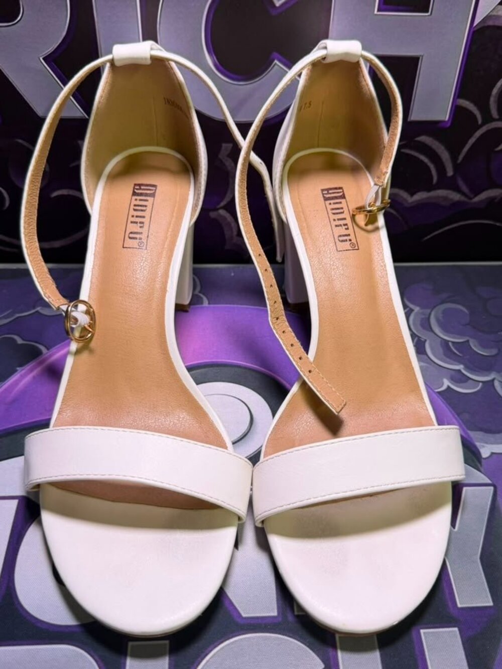 IDIFU Womens White Chunky Block Heels Ankle Strap Open Toe Sandals Shoes 7.5